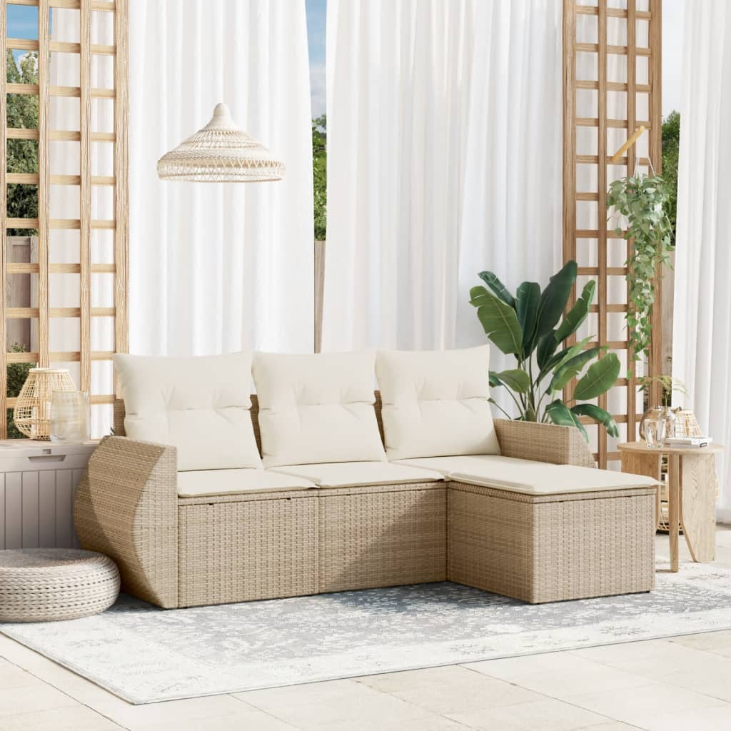Set Divano Da Giardino 4 Pezzi Con Contenitore - Polyrattan Beige Con Cuscini Lavabili - Foto 4