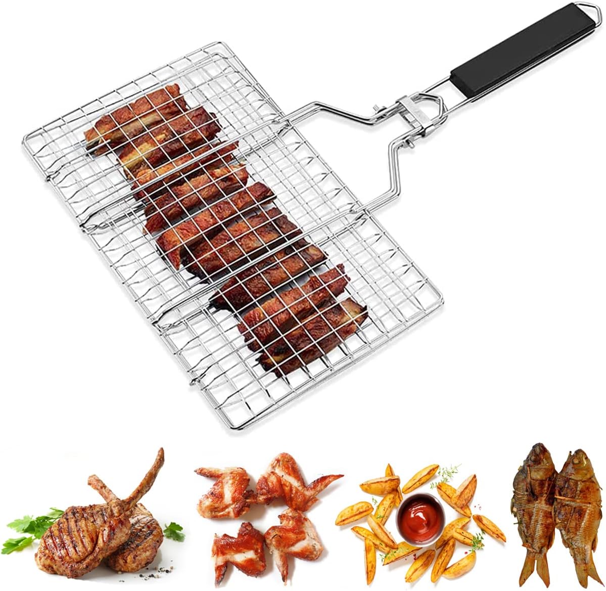 Kosz do grillowania BBQ, przenośny kosz do grillowania BBQ ze stali nierdzewnej, składany kosz do grillowania BBQ ze zdejmowanym uchwytem, odpowiedni