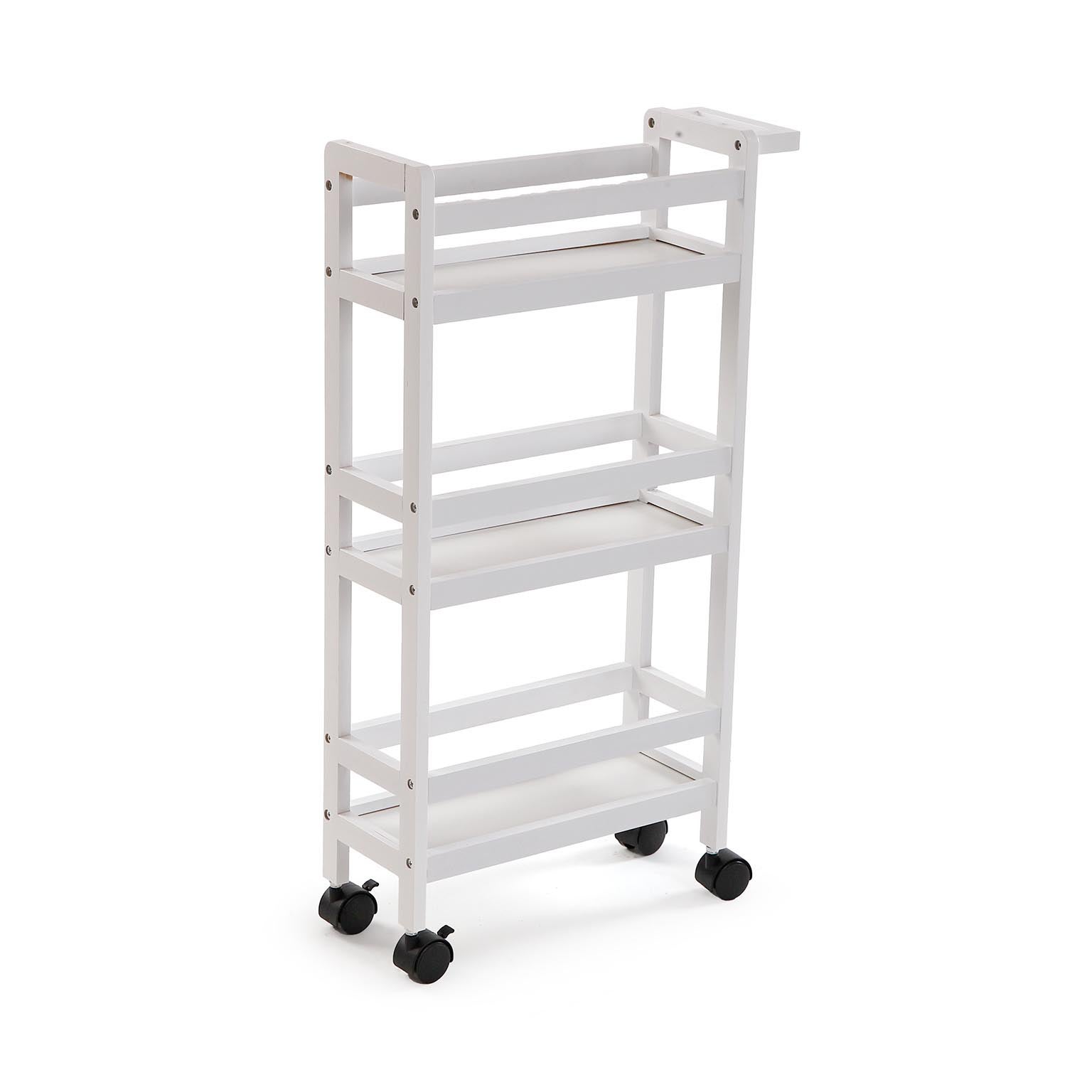 VERSA Carrello Da Cucina In Bambù E Metallo Bianco - 105,5 Cm Con Ruote E Ripiani In Tessuto