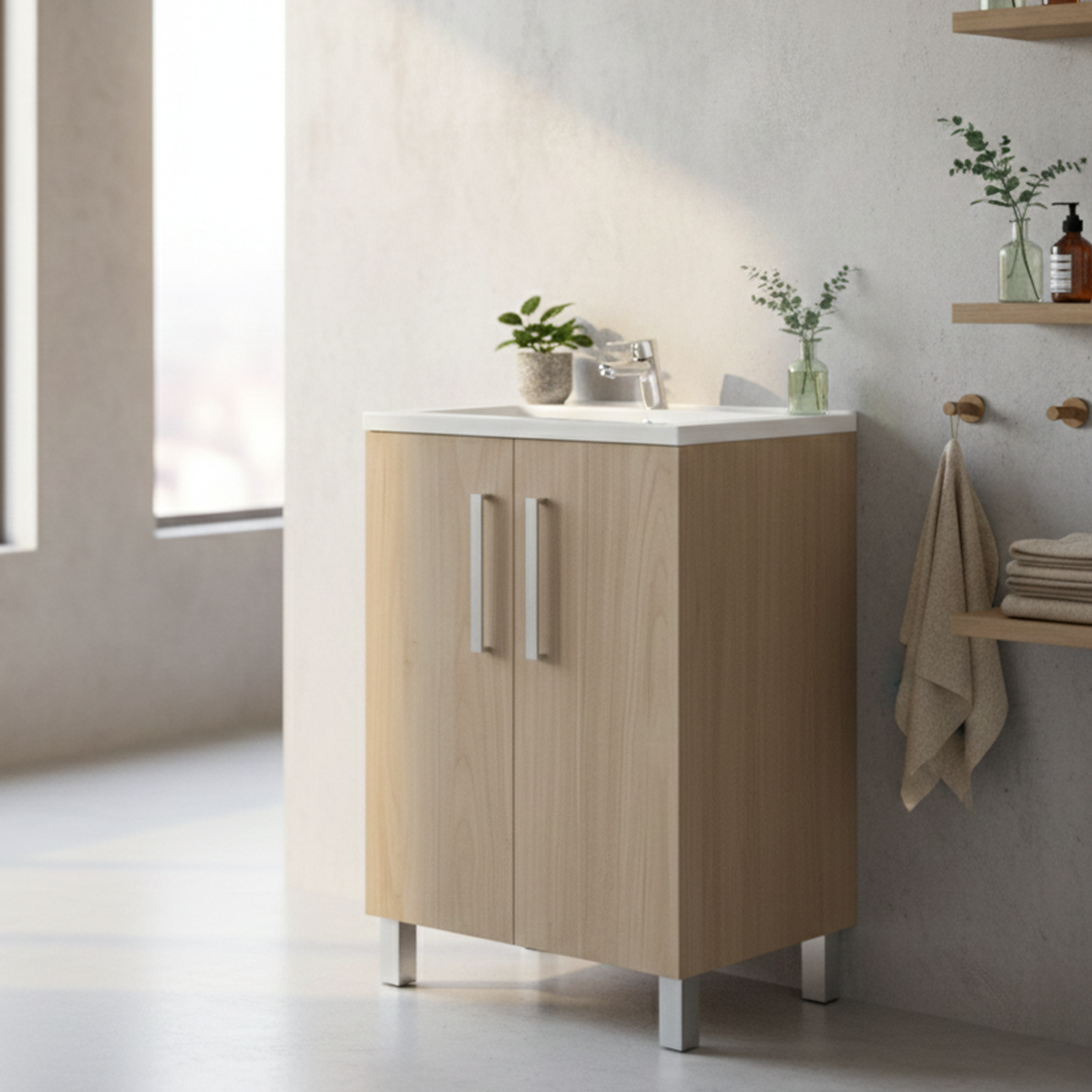 Szafka łazienkowa TEMPO 60x45 cm, umywalka ceramiczna i bateria ROCA