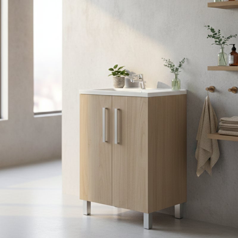 Szafka łazienkowa TEMPO 60x45 cm, umywalka ceramiczna i bateria ROCA