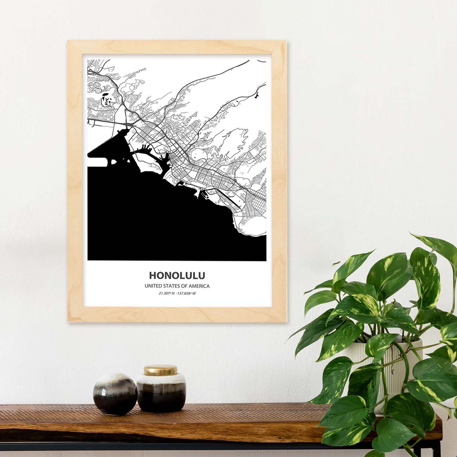Poster con mapa de honolulu usa láminas de ciudades de estados unidos con mares y ríos en color negro