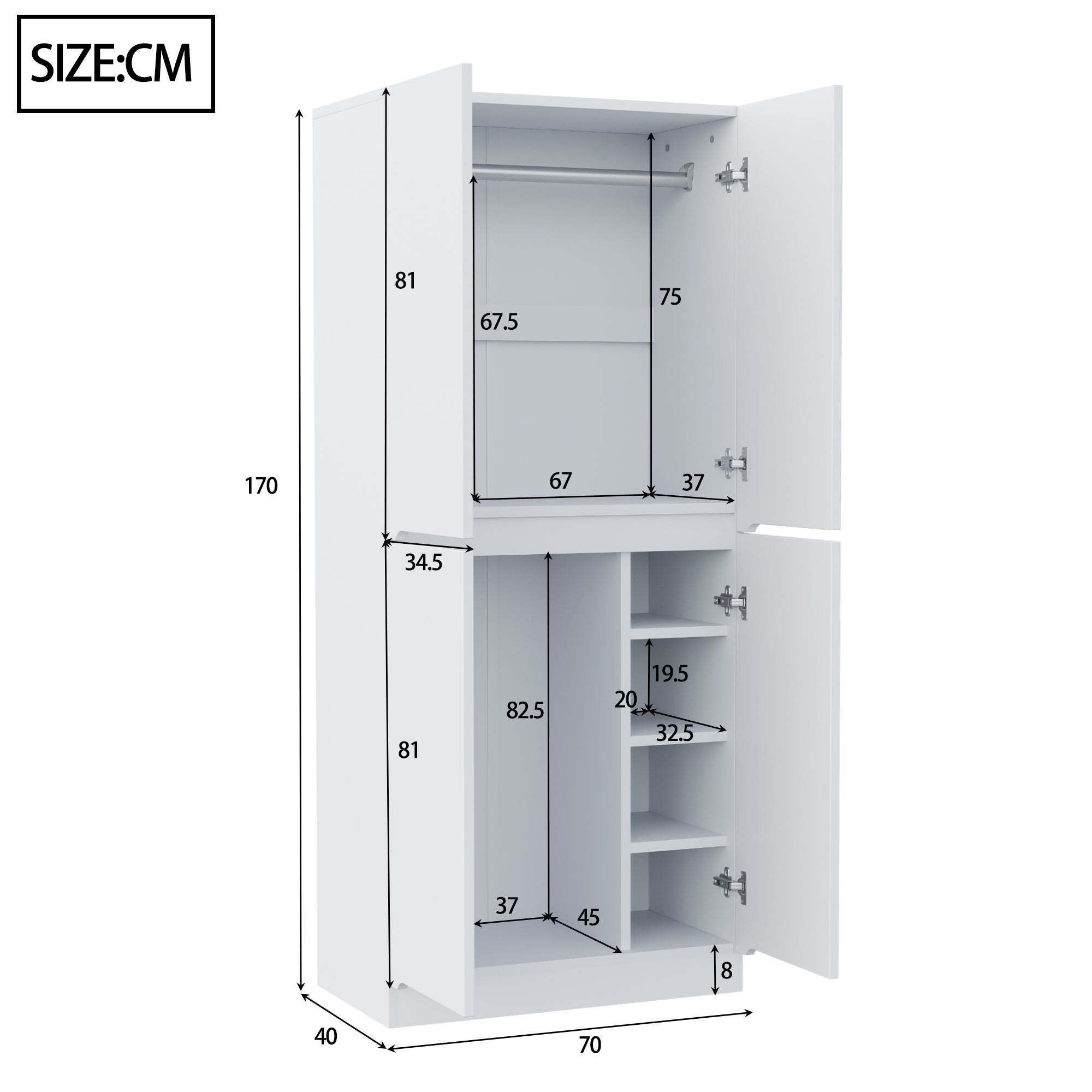 Armoire 70x40x170 cm - avec 4 portes - avec compartiments de rangement - Blanc - 3