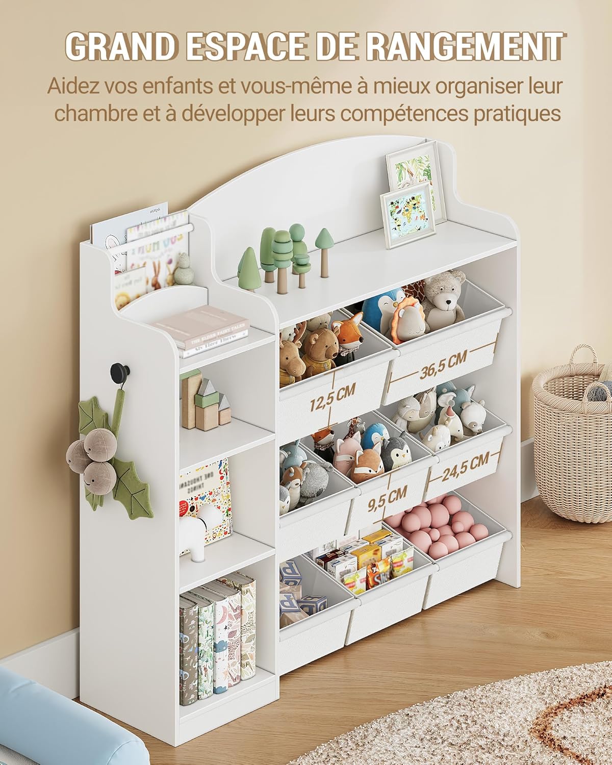 Estante infantil em madeira com 8 caixas em tecido não tecido para quarto de bebé e sala de estar, branca. - 5