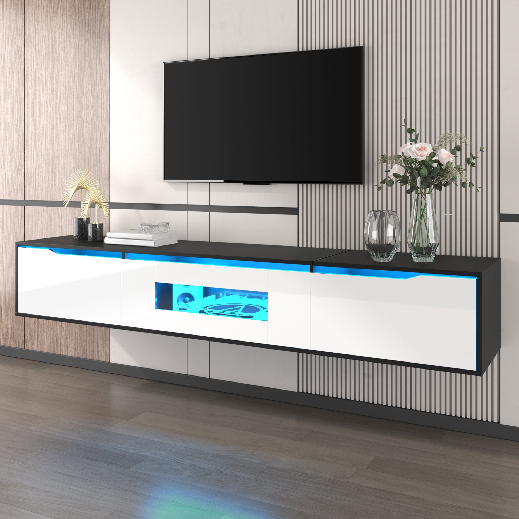 Szafka RTV wisząca z 3 drzwiami - 180 x 35 x 30 cm - diody LED - płyta wiórowa + MDF - biała + czarna