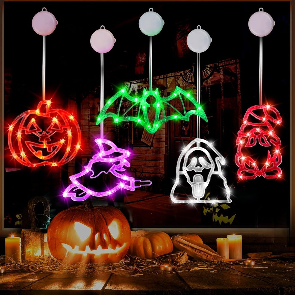 Zestaw 5 świecących dekoracji na Halloween z przyssawkami (dynia, duch, nietoperz, czarownica, gnom) do strasznych dekoracji