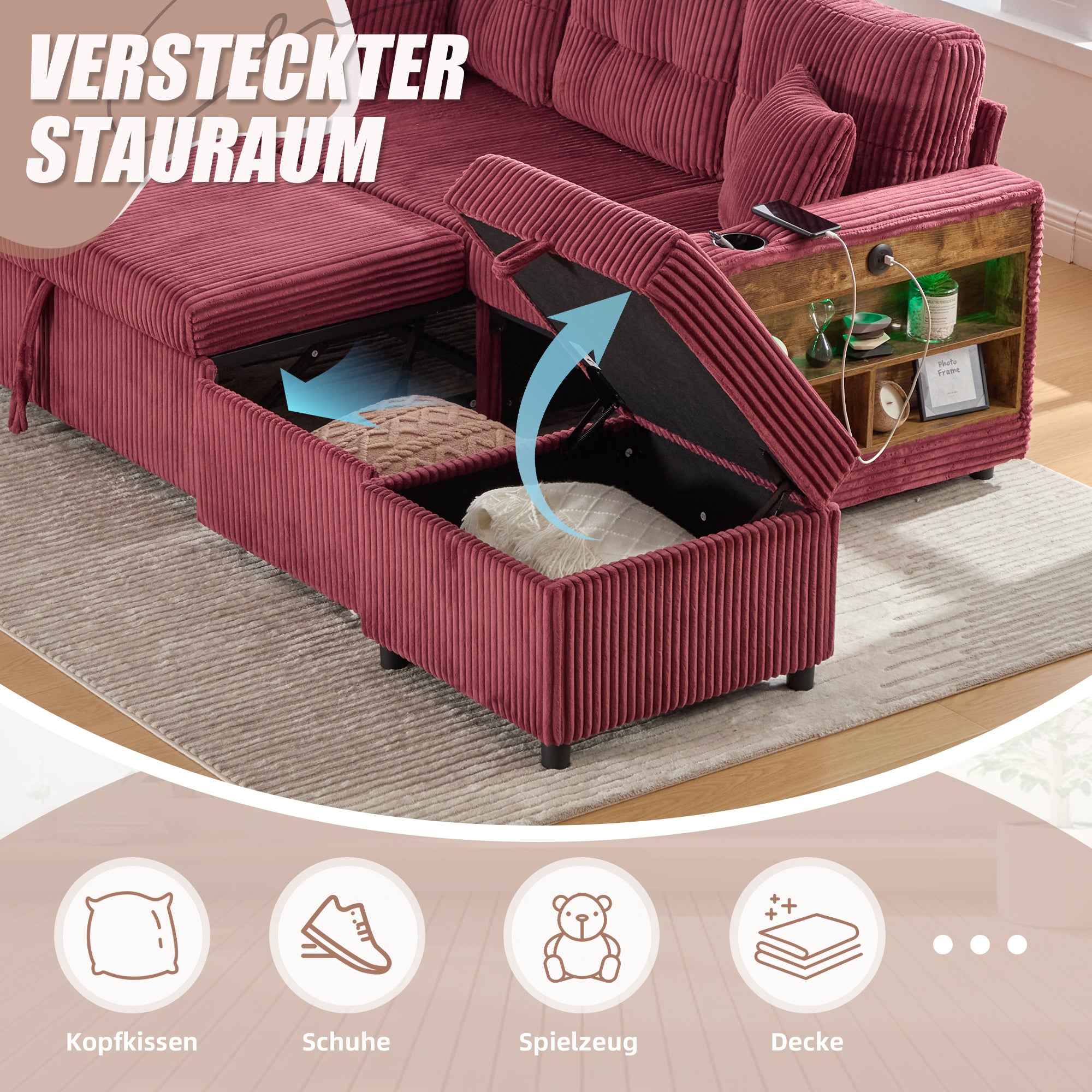 Canapé multifonctionnel en velours côtelé - Rangement + Lit pliant + USB-C + Éclairage d'ambiance + Porte-gobelet (Salon/Chambre d'amis) - 8