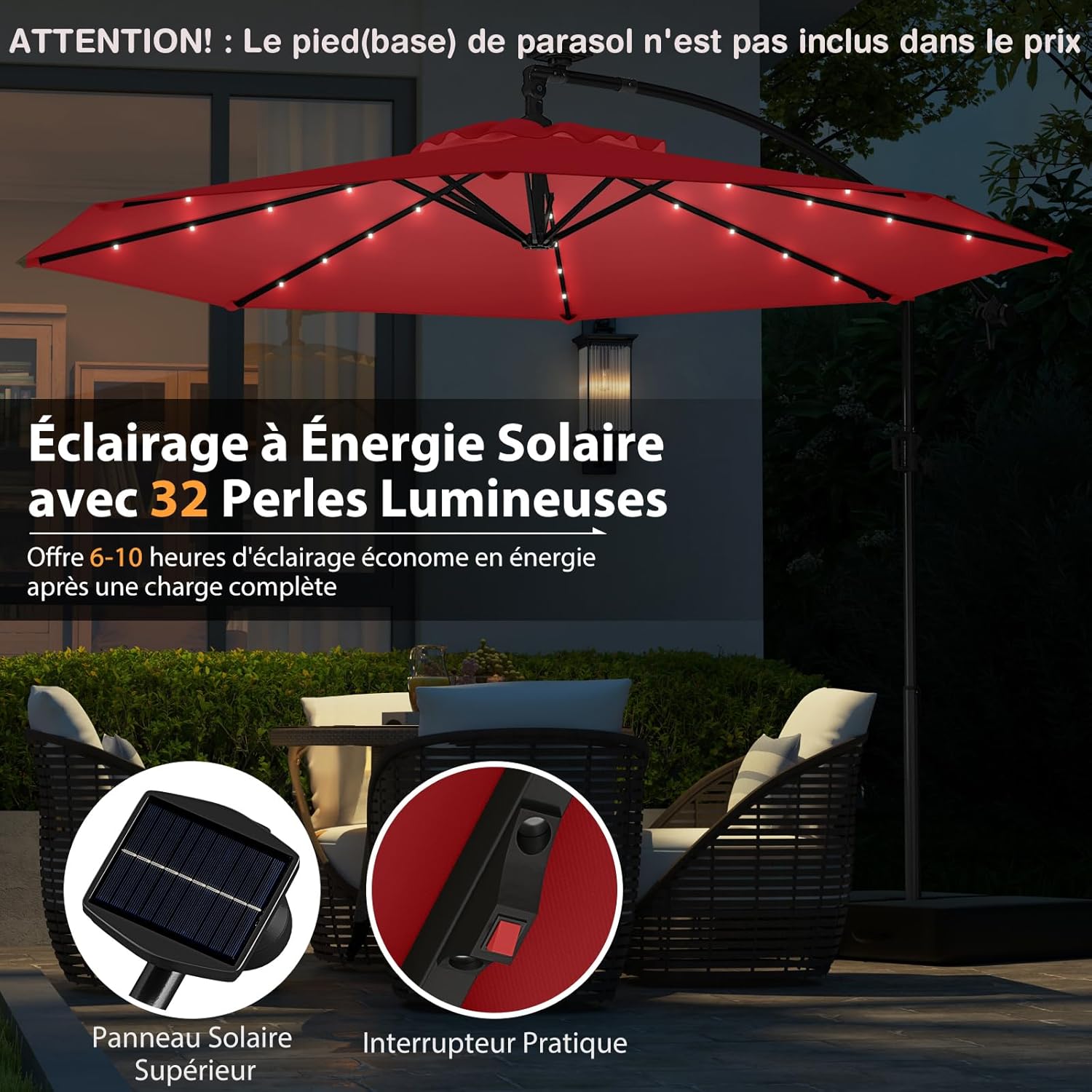 Parasol Déporté 3M avec 32 LED Solaires, Parasol de Jardin 8 Baleines avec Tissu Protection Solaire, Parasol Inclinable Rotatif à 360° (Rouge) - 7