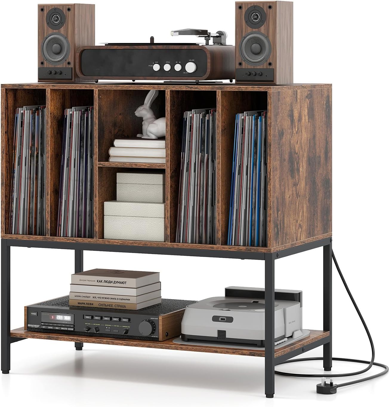 Mebel Gramofon ze Stacją Ładującą, Gramofon z Półkami i Metalową Ramą, 80 x 45 x 79,5 cm (Industrialny)