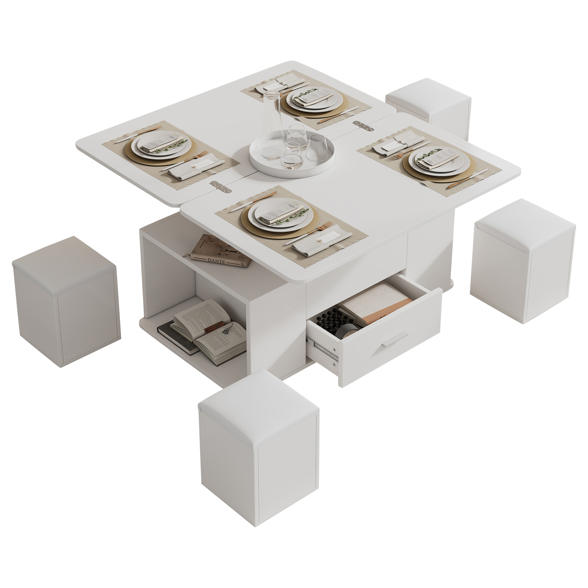 Table basse avec plateau relevable, 1 tiroir et 4 tabourets - 100 x 50 x 45 cm - Panneau de particules - Blanc - 8
