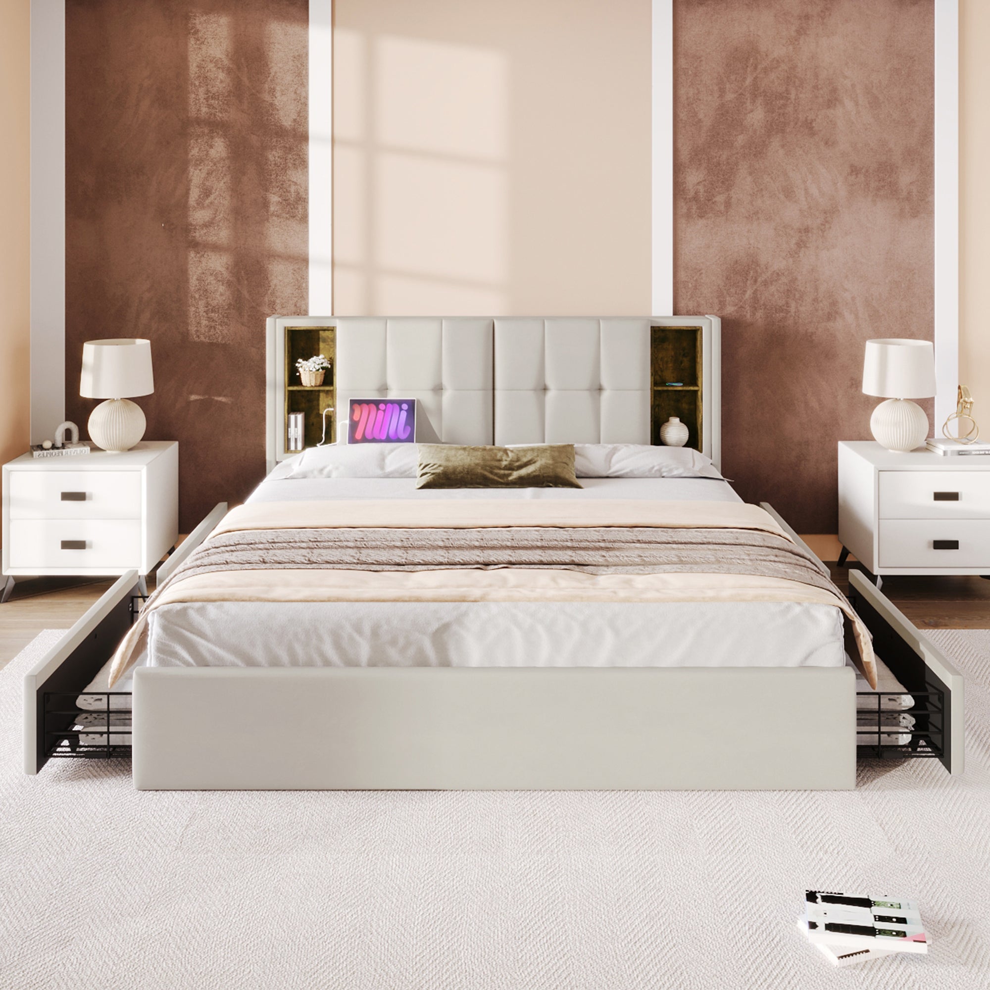 Letto contenitore 140x200 con LED e 2 cassetti, letto imbottito con