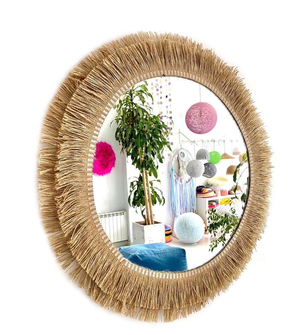 Espejo decorativo redondo de cuerda de yute y fibras naturales estilo bohémio - mirror jute ii 80cm