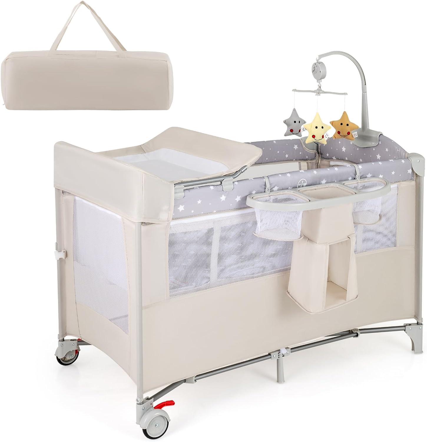 Łóżeczko Turystyczne dla Niemowląt z Materacem, 5 w 1 Ewoluujące Łóżeczko Dziecięce z Przewijakiem, Nośność 15 kg (Beżowe)