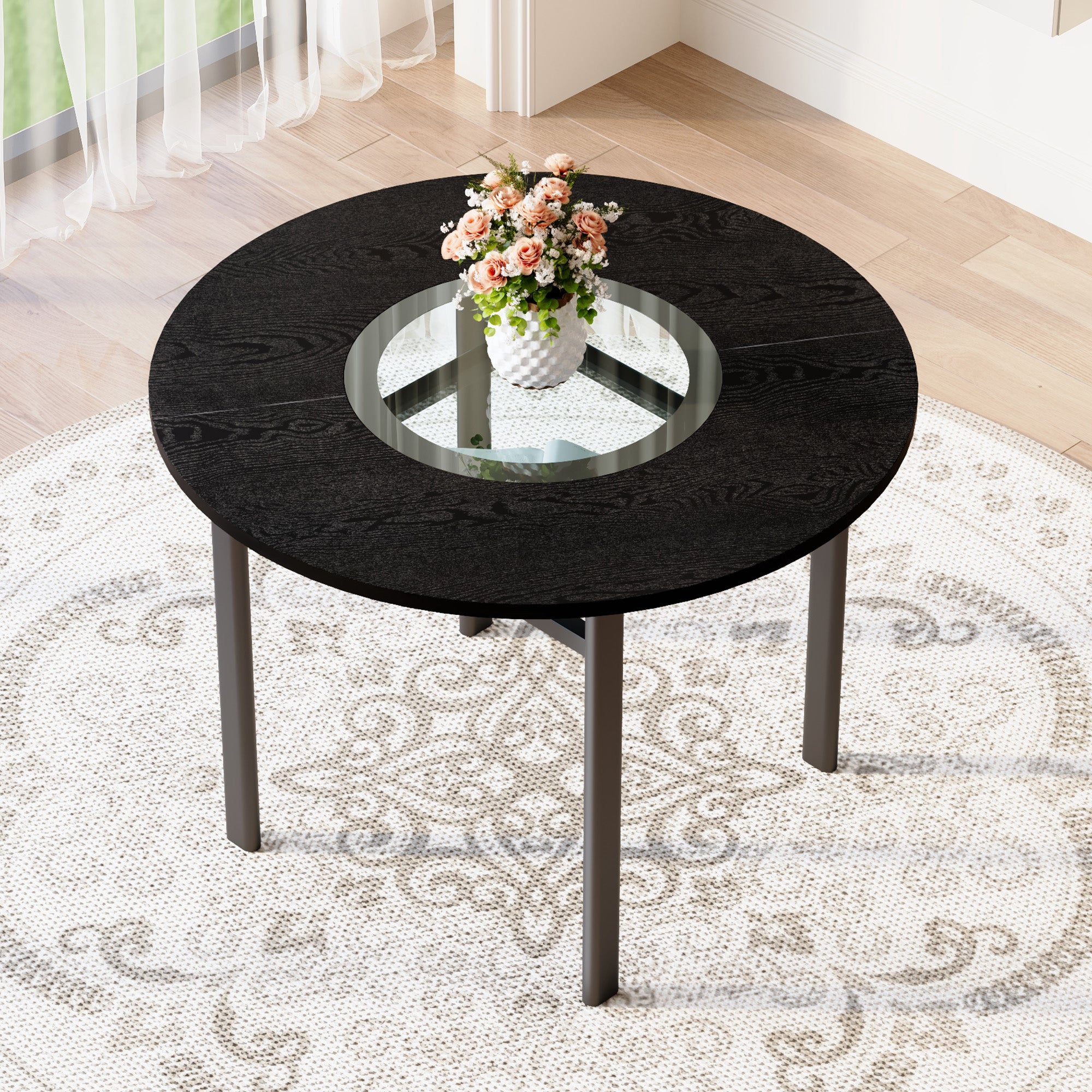 Mesa redonda minimalista 100 cm, mdf negro, inserto vidrio gris, patas metal, 2-4 personas