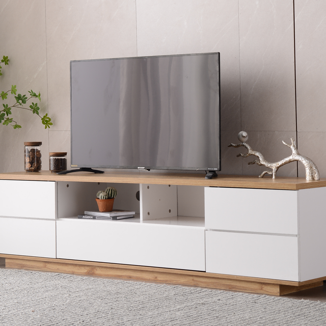 Meuble TV Blanc Avec éclairage LED Moderne - 180x33x33 Cm, Rangement Intégré, Facile à Monter