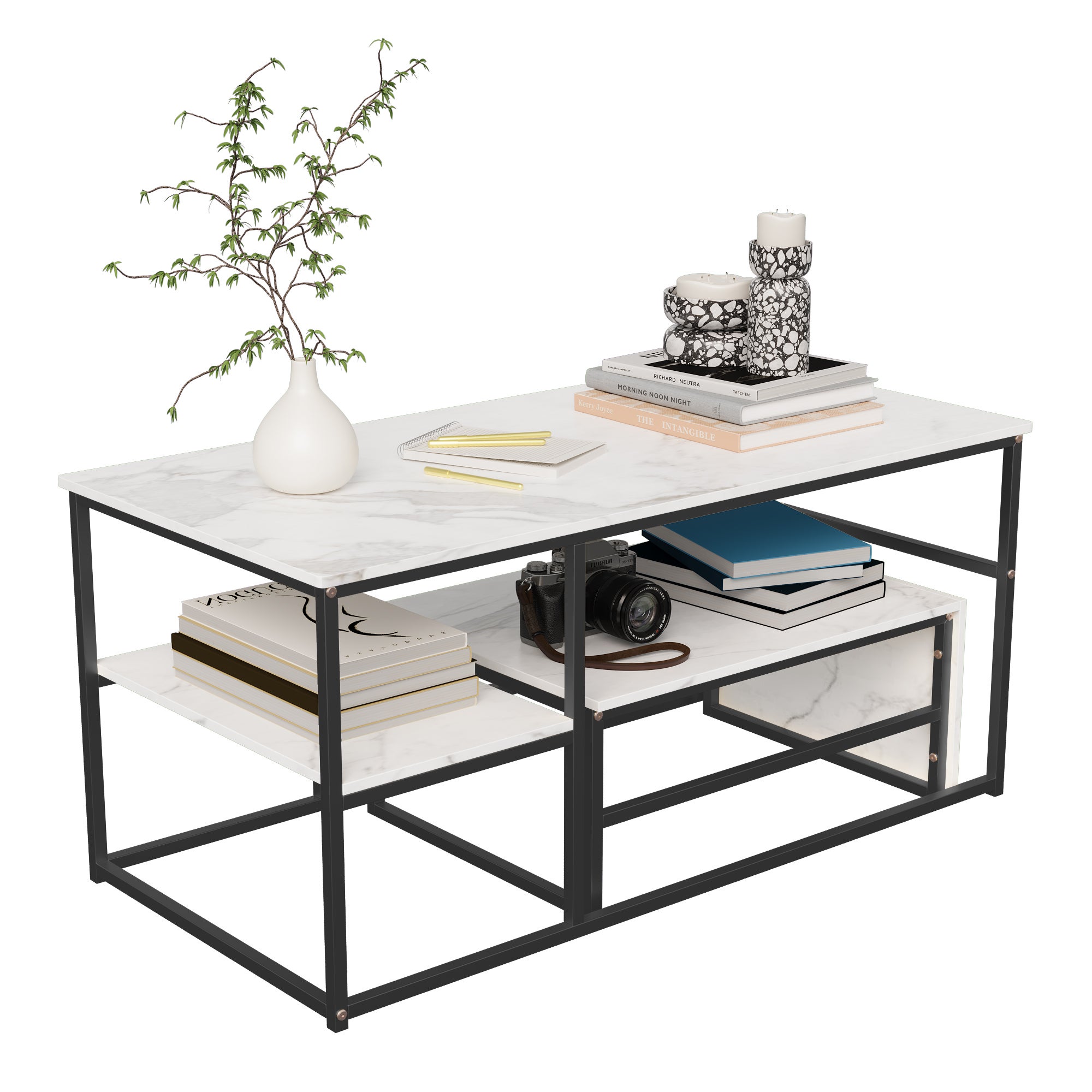 Ensemble de 2 Tables Basses Rectangle, Tables Gigognes de Salon Modernes avec Pieds en Métal, Panneau de Marbre, Noir (105 x 52 x 48.5cm) - 9