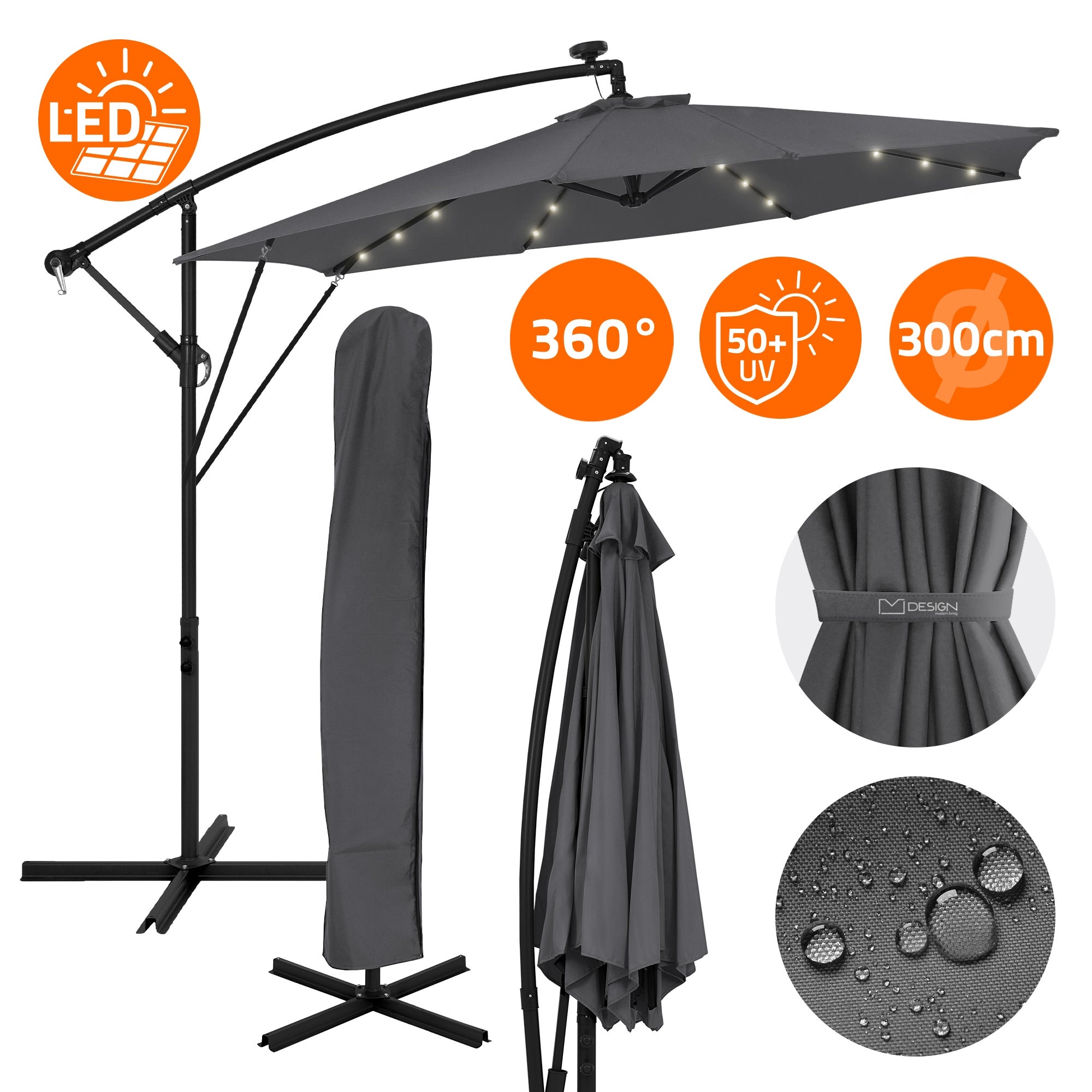 ML-Design parasol wiszący ogrodowy 300 cm LED Solar antracyt aluminiowy z korbką UV50+ wodoodporny obracany 360 stopni z pokrowcem i stojakiem