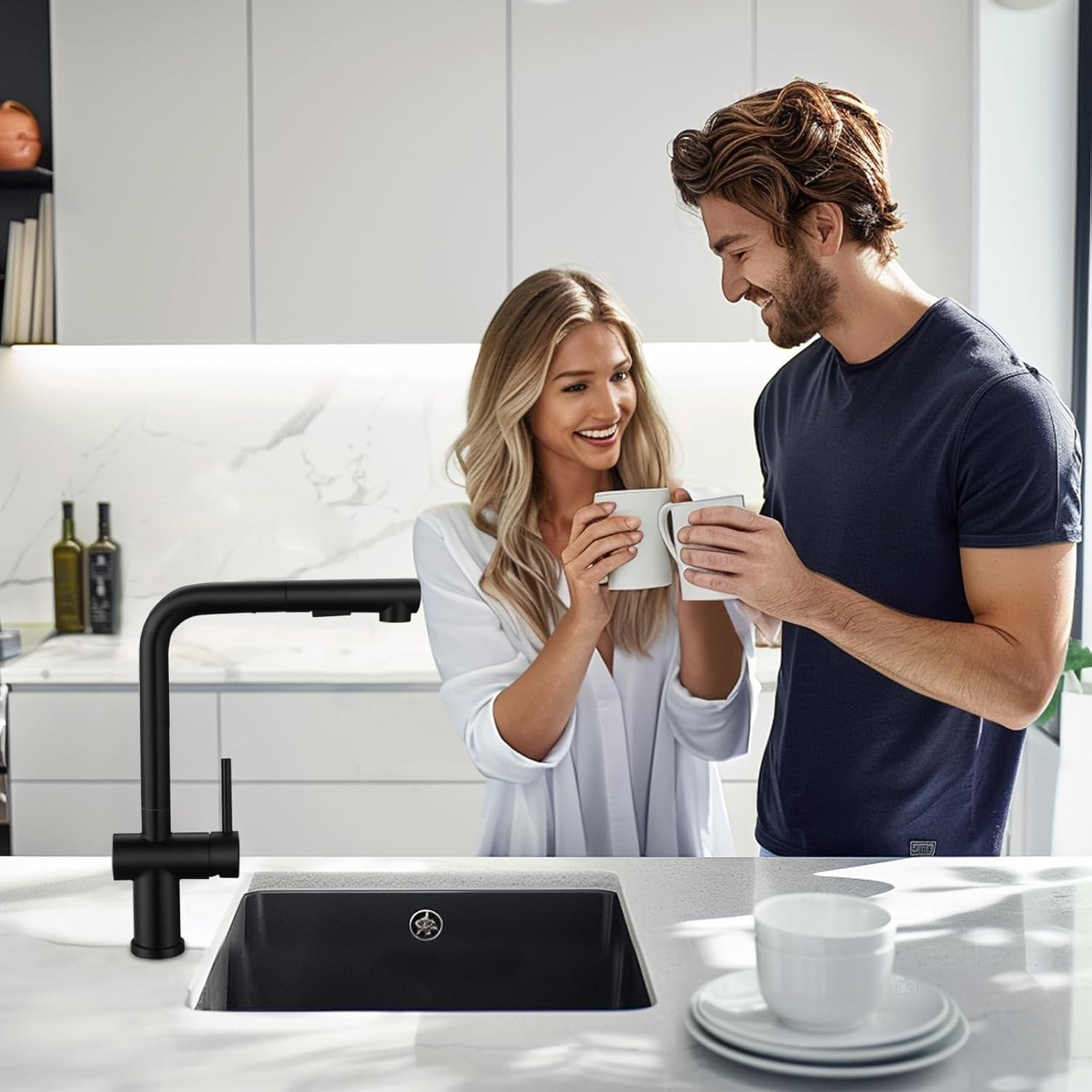 LOVHAUS Wyciągana Bateria Kuchenna, Wysokociśnieniowa Bateria Kuchenna Czarna Bateria Obrotowa 360°, Bateria Zlewozmywakowa w Kształcie Litery L