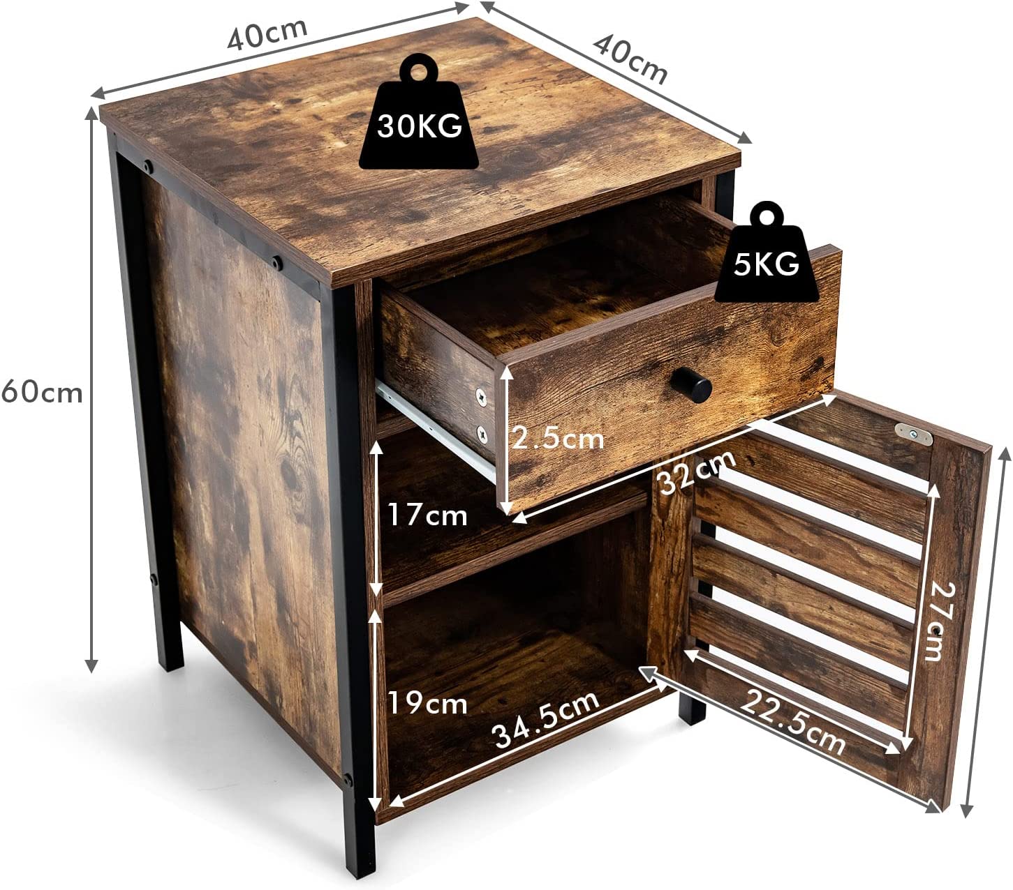Comodino in Stile Industriale, Tavolino da Salotto con Anta e Cassetto, Armadietto con Ripiano Regolabile in Altezza, per Salone, Camera da Le - 4