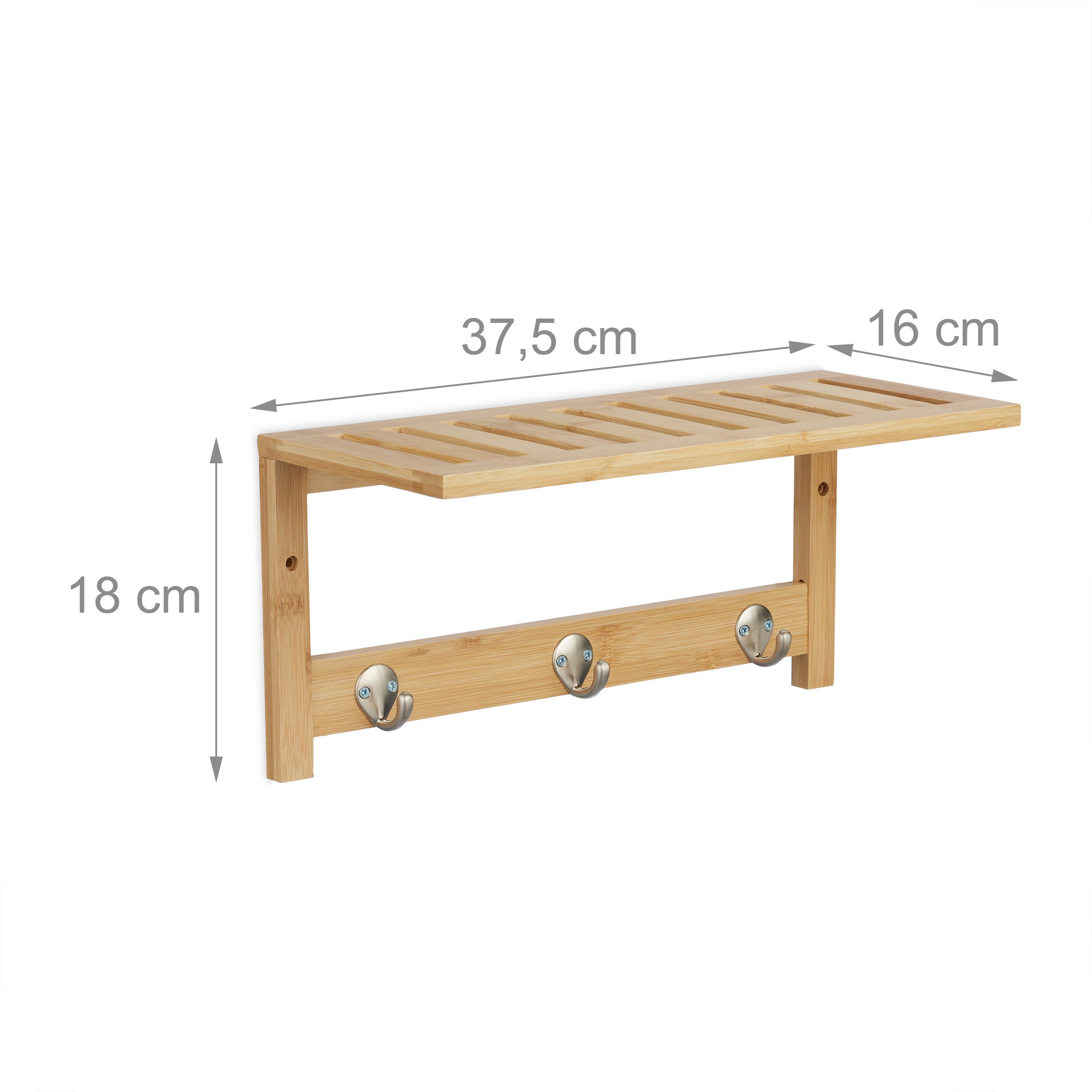 Relaxdays Mensola Appendiabiti, Attaccapanni con Ripiano, Bagno e Ingresso, 3 Ganci, Bambù, HLP 18x37,5x16 cm, Naturale - 4