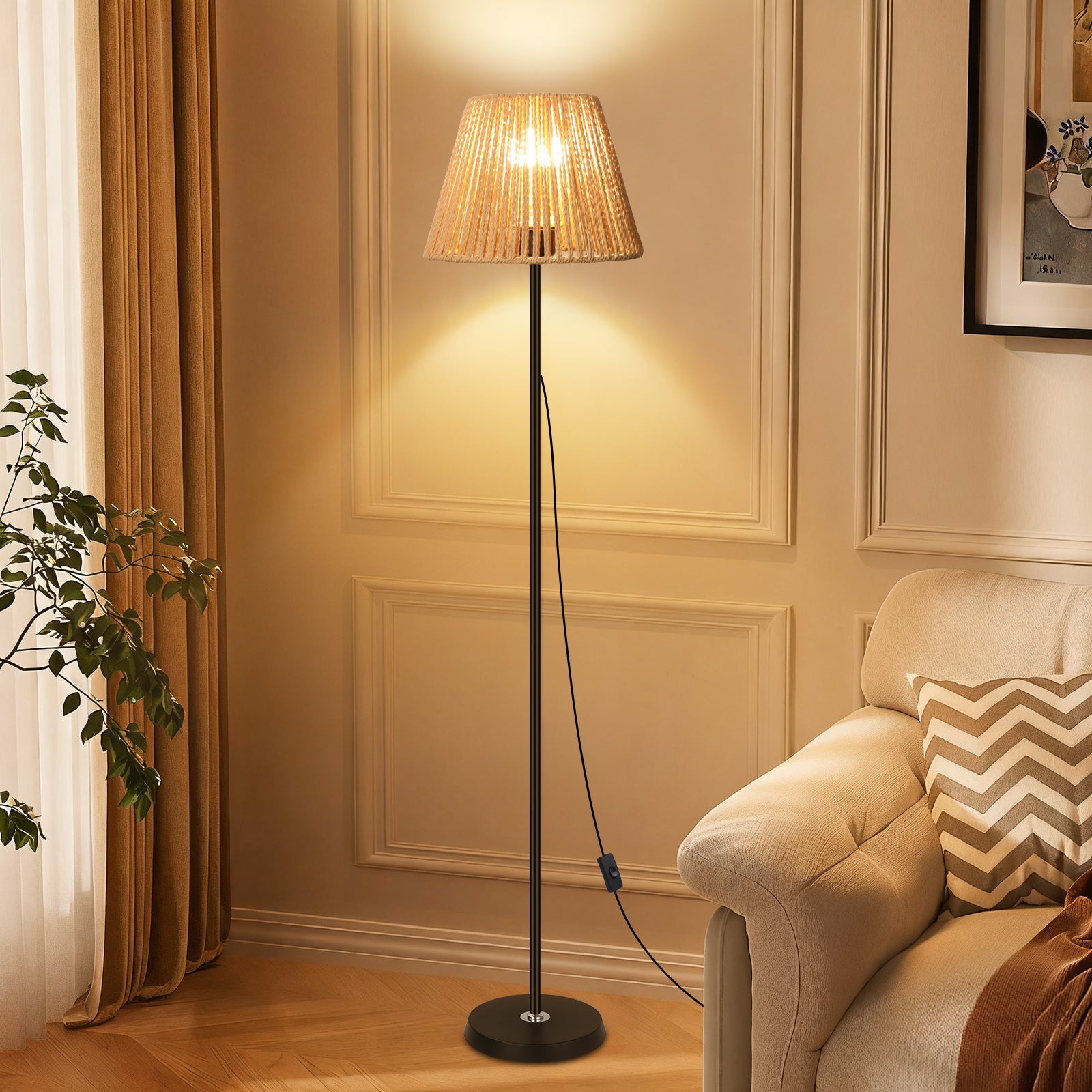 LOVHAUS Lampa Podłogowa Z Abażurem Z Plecionego Rotangu Z Włącznikiem/ Wyłącznikiem - 22 x 140CM