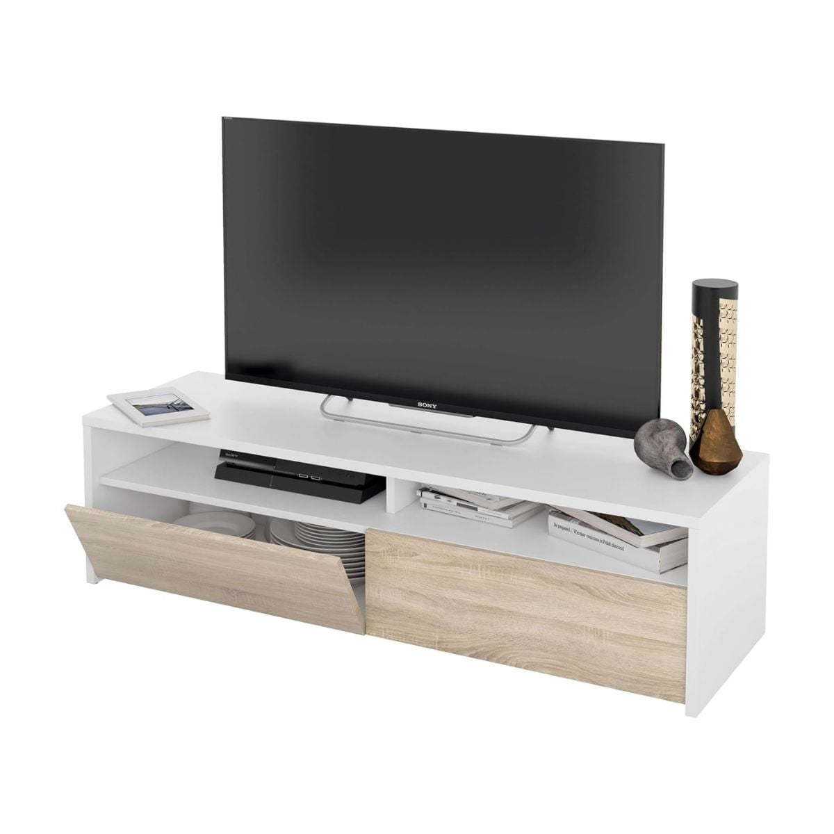 Meuble TV LOLA 2 portes battantes et 2 niches de rangement L130 cm - Blanc / Bois - 5
