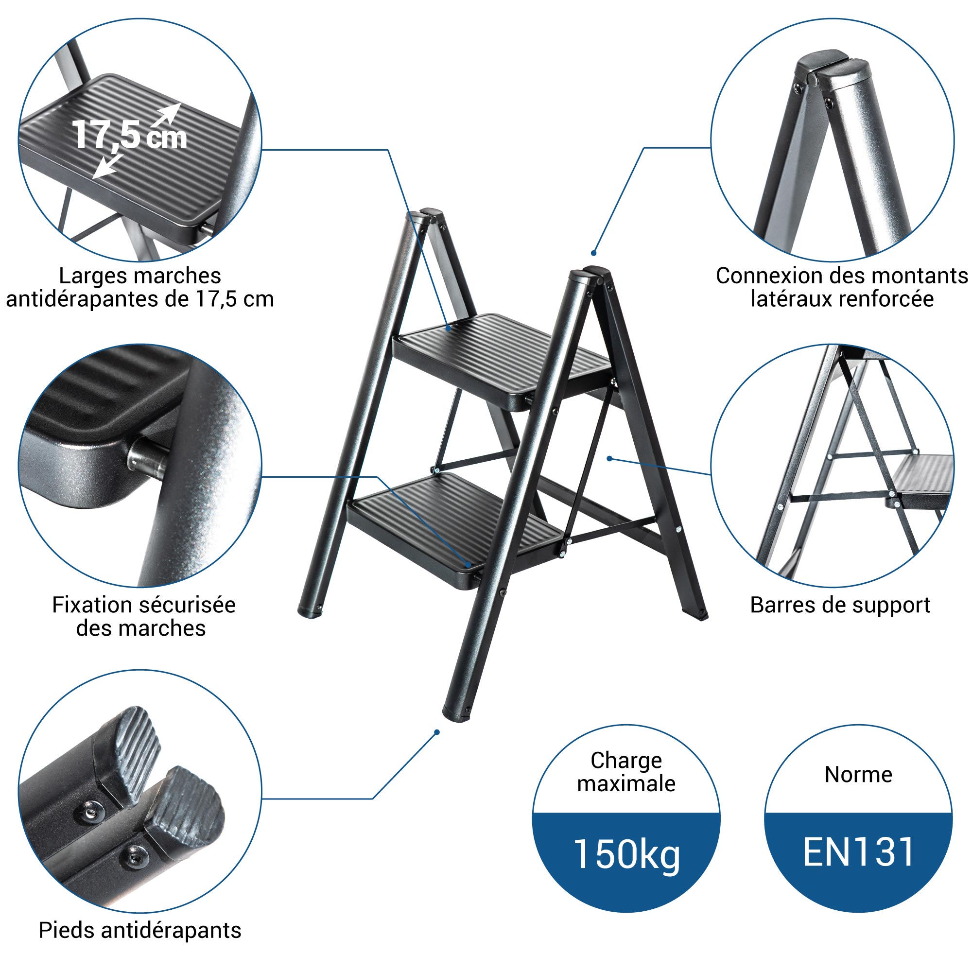 HOSTRÖM Escabeau 2 marches FOLDPACT2, Marche pied pliable, Design ultra-compact, Marches larges 17,5 cm, Acier, Etagère temporaire, Garantie 5 ans - 2