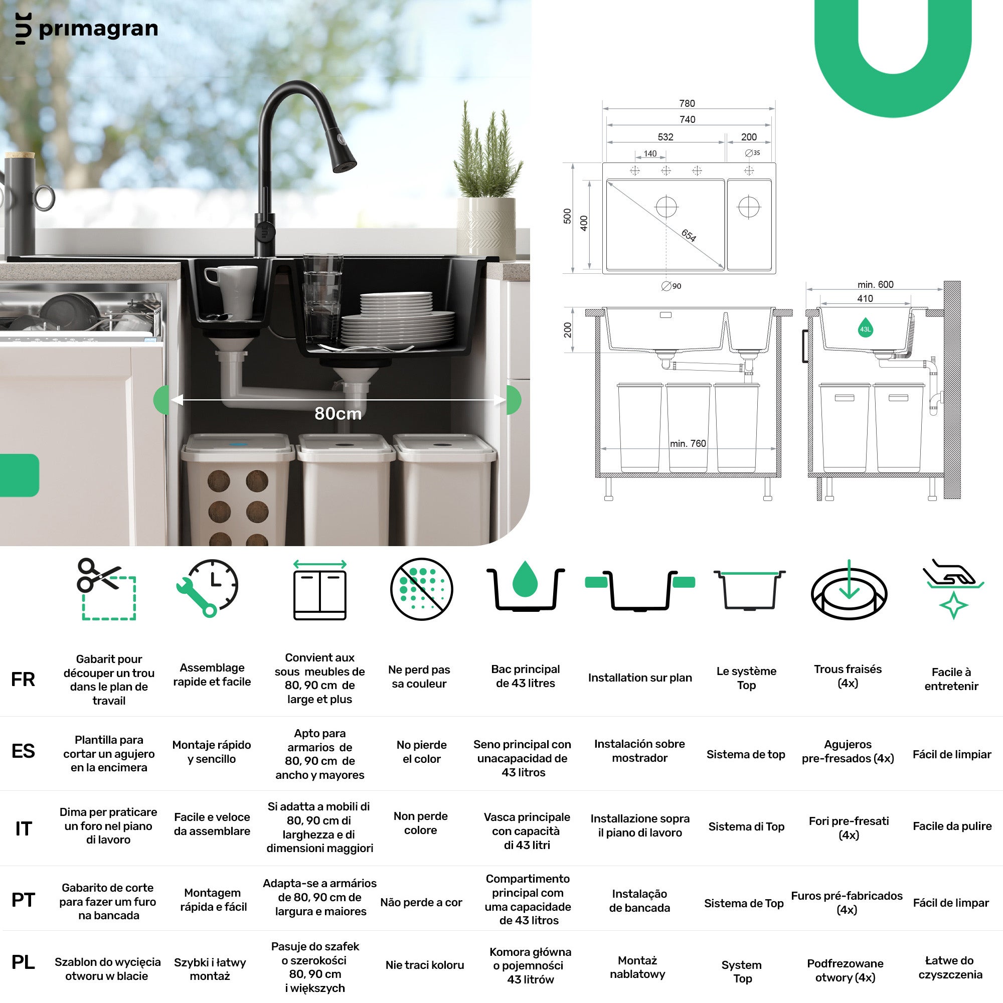 Lavandino da Cucina Tutto Nero 78x50cm, Lavello in Granito a 2 vasche + Accessori, Lavabo da Cucina Incasso al mobile 80cm PRIMAGRAN - 6