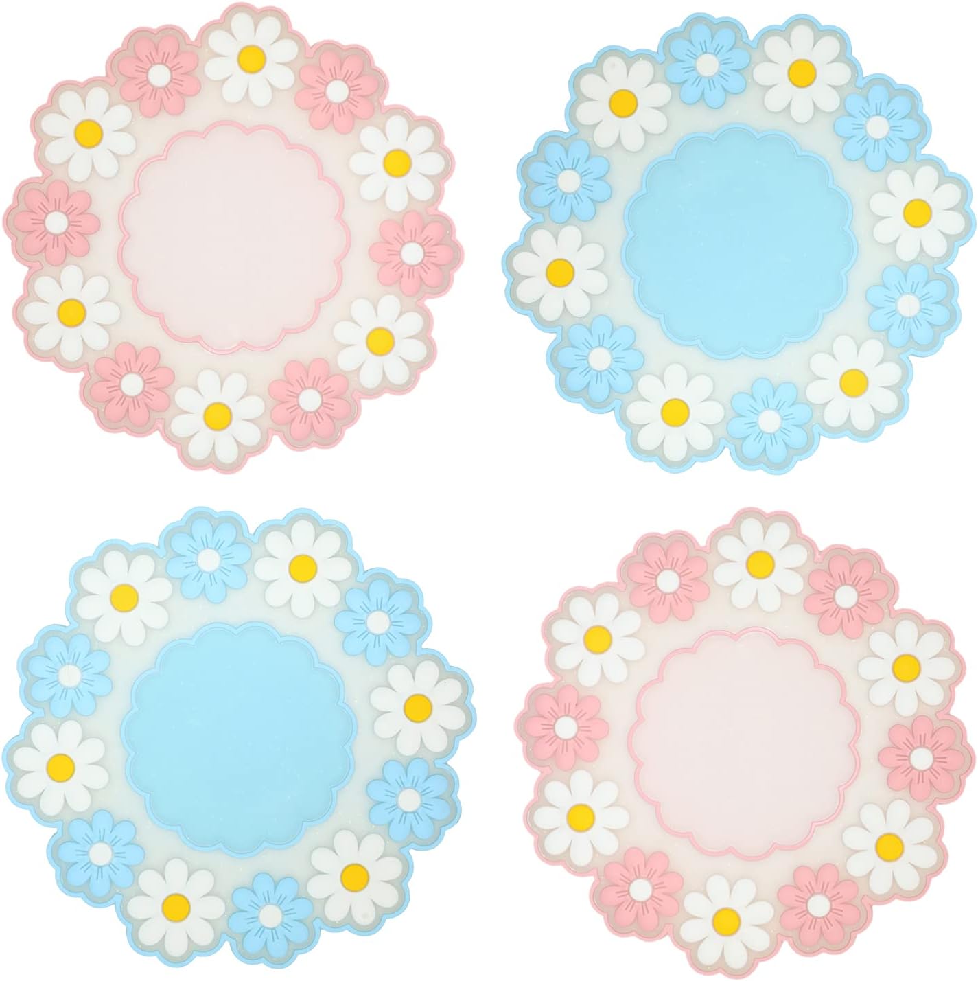 (Różowy + Niebieski) Zestaw 4 izolowanych podstawek z nadrukiem stokrotek, antypoślizgowym PVC i silikonem chroniącym biurko