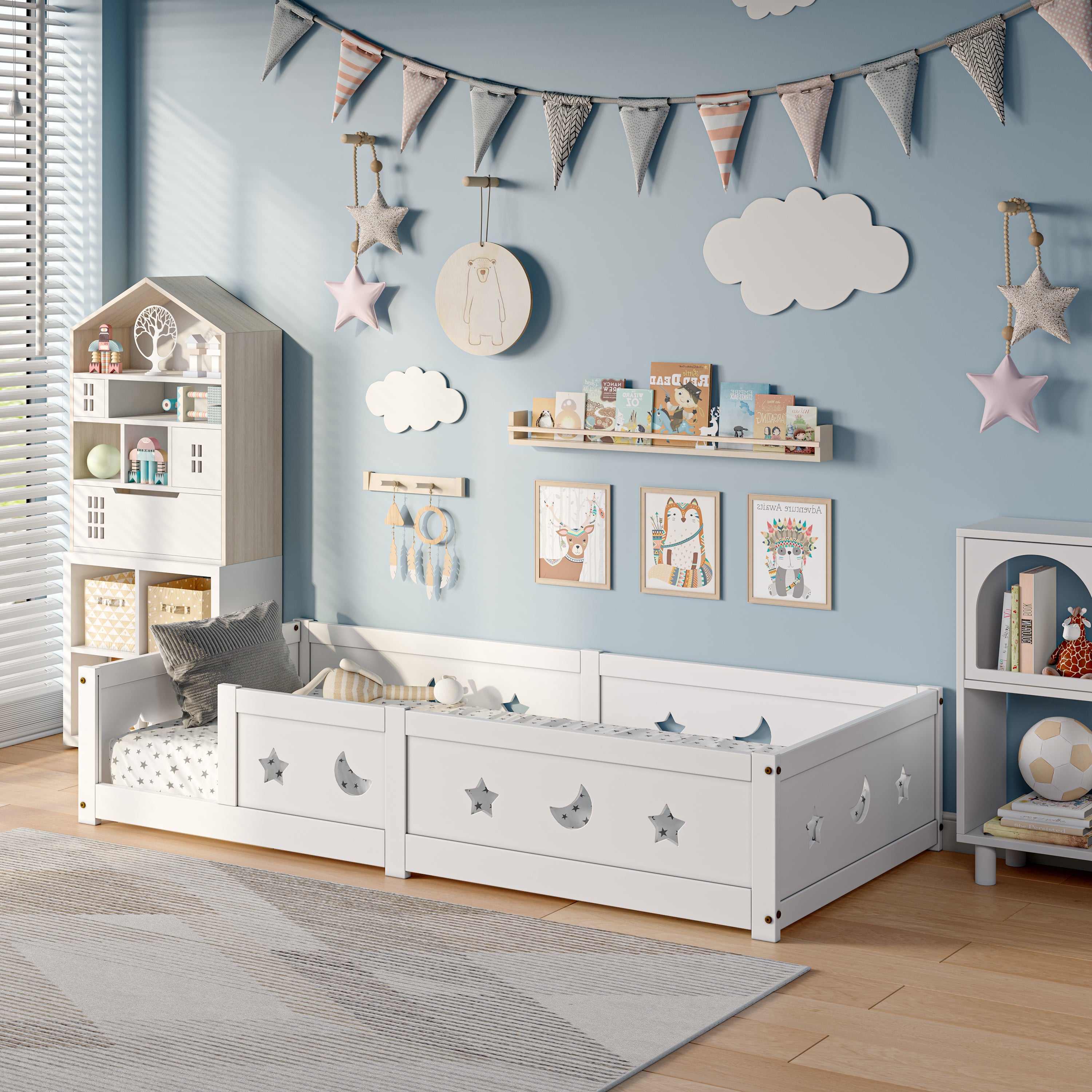 Lit enfant 90x200 cm - Lit évolutif 90x200cm - Lit avec barrière de sécurité - Motifs étoiles et lune - Lit au sol - structure bois massif - Blanc - 4