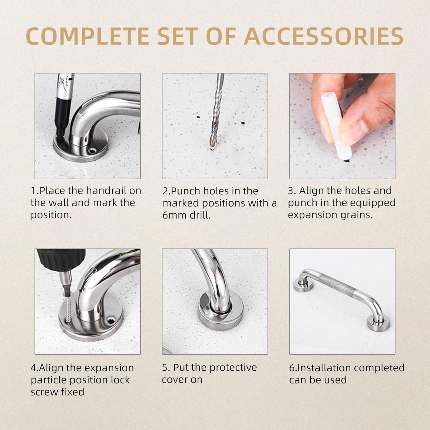 Corrimão de banheiro de aço inoxidável, corrimão de segurança antiderrapante para idosos, banheira e escadas, 60 cm - 6