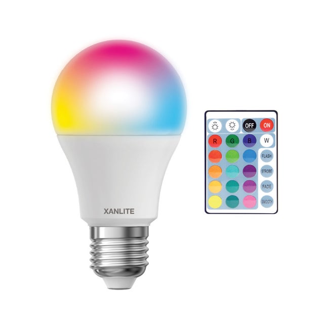 Xanlite - Ampoule LED A60, culot E27, 8,5W cons. (60W eq.), lumière blanc chaud ou lumière RVB avec télécommande - SERVBRW