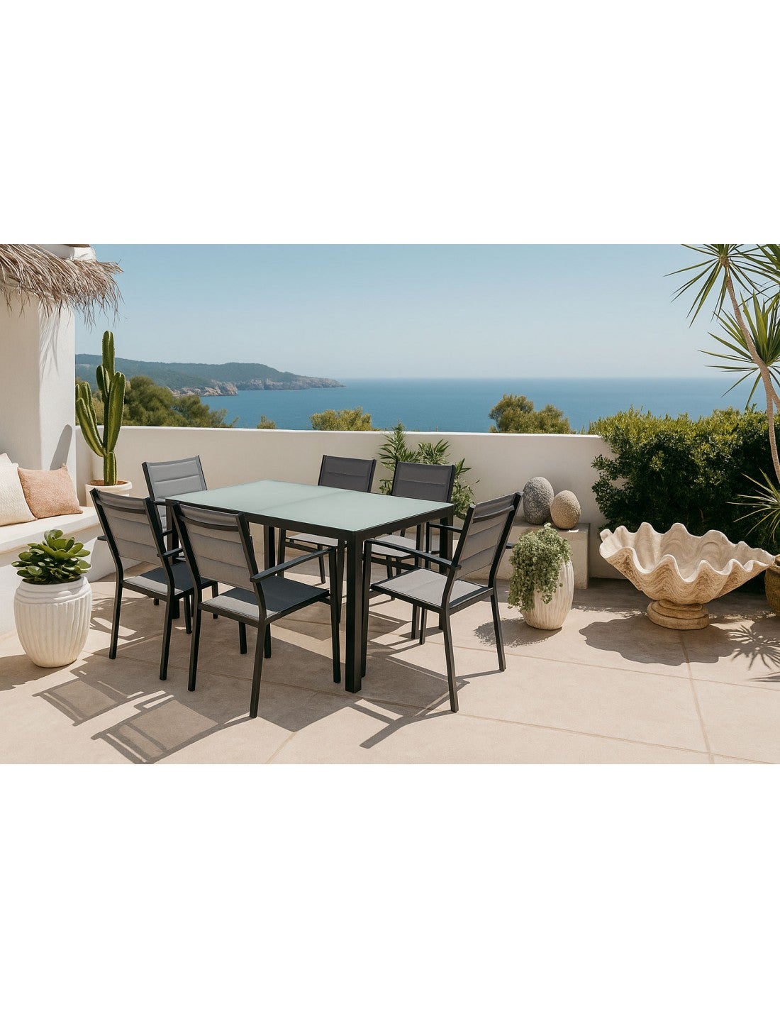 Conjunto de Mesa y Sillas de Jardín Gris para 6 Personas — Aluminio y Cristal Templado de 150 x 90 cm para Exterior - 5