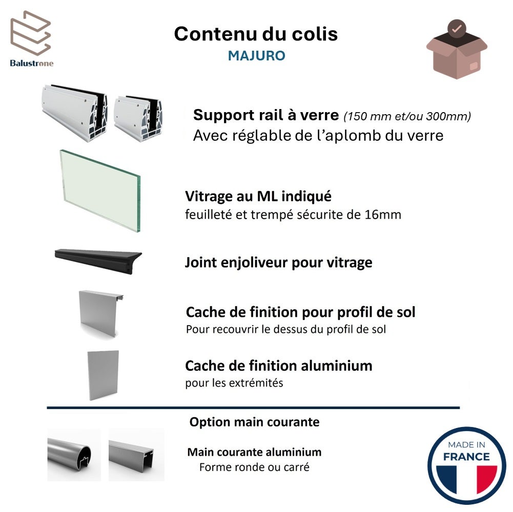Garde-corps en verre feuilletée et trempée 17 mm, kit de 1 ml, pose sur rail aluminium, MAJURO - 5