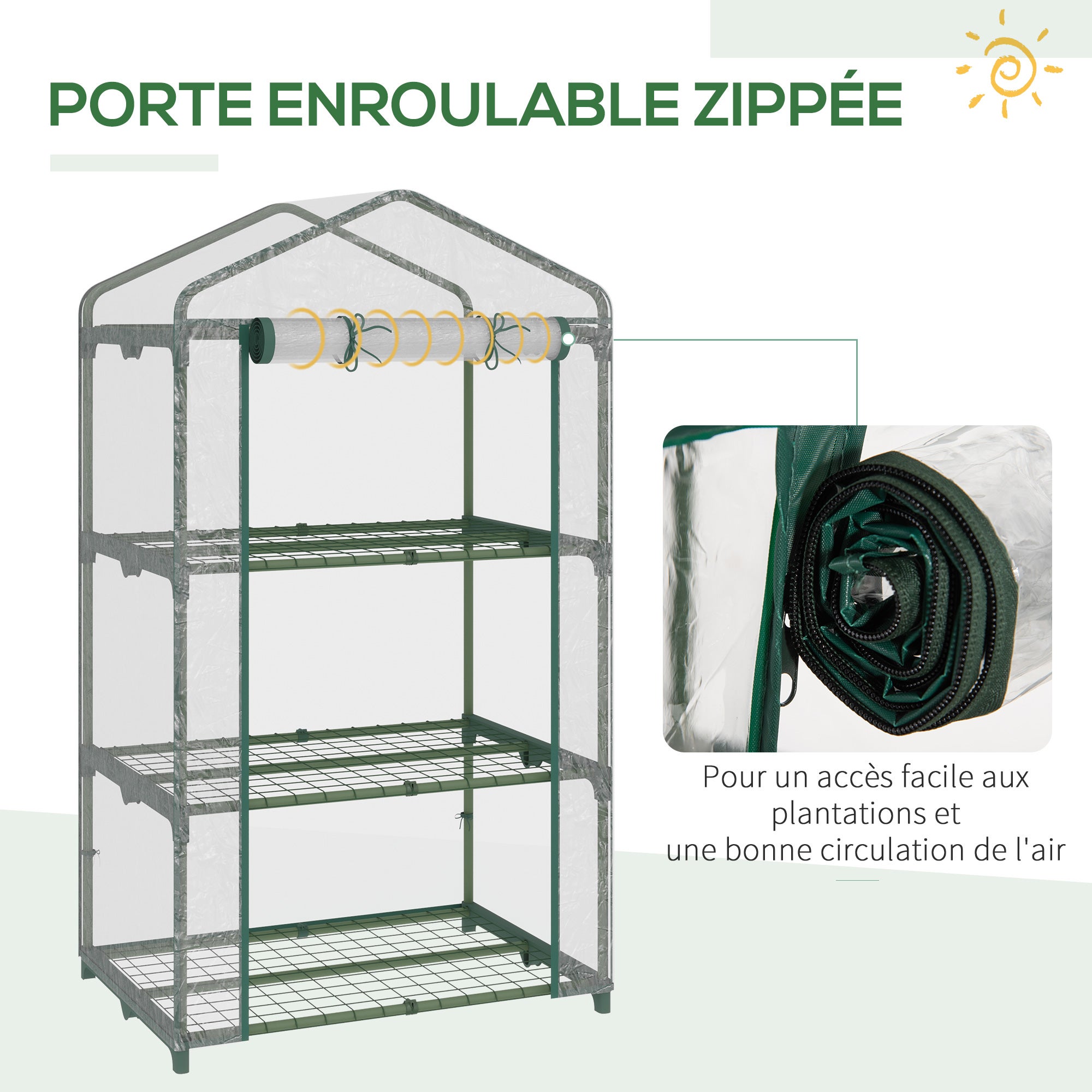 Serre de jardin avec étagères 3 niveaux, serre de balcon, bâche renforcée PVC,pour légumes plantes fleurs, 69 x 49 x 125 cm, transparent - 7
