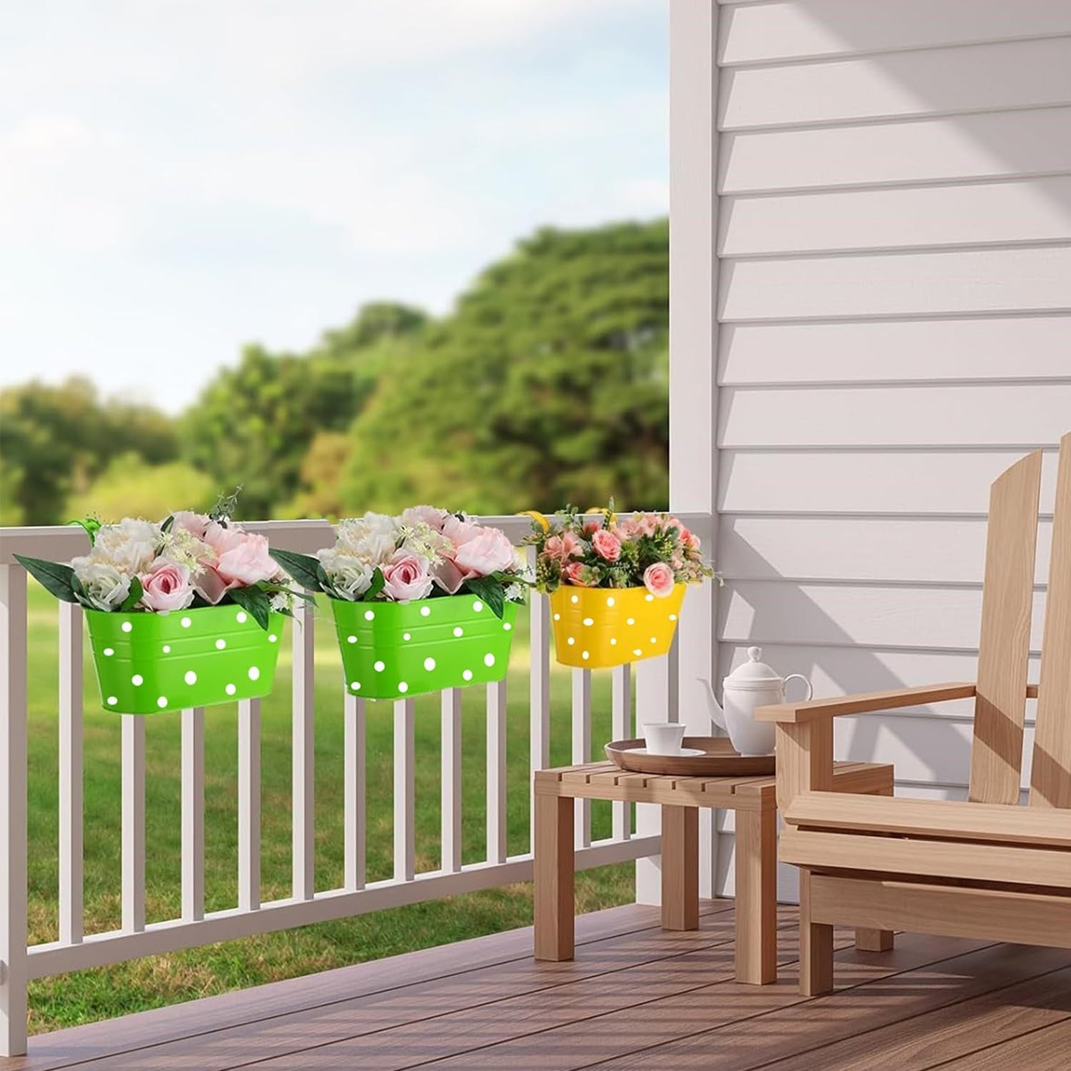 Lot de 4 pots de fleurs suspendus en métal avec trou de drainage - Avec double crochet amovible -Pour décoration de jardin et balcon -vert - 6