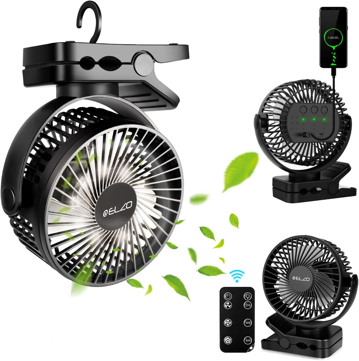 Wentylator USB, 12000mAh Mini Wentylator Stołowy Cichy Wentylator z Klipsem z 3 Prędkościami/Światłem LED, Obrotowy o 360° Przenośny Wentylator