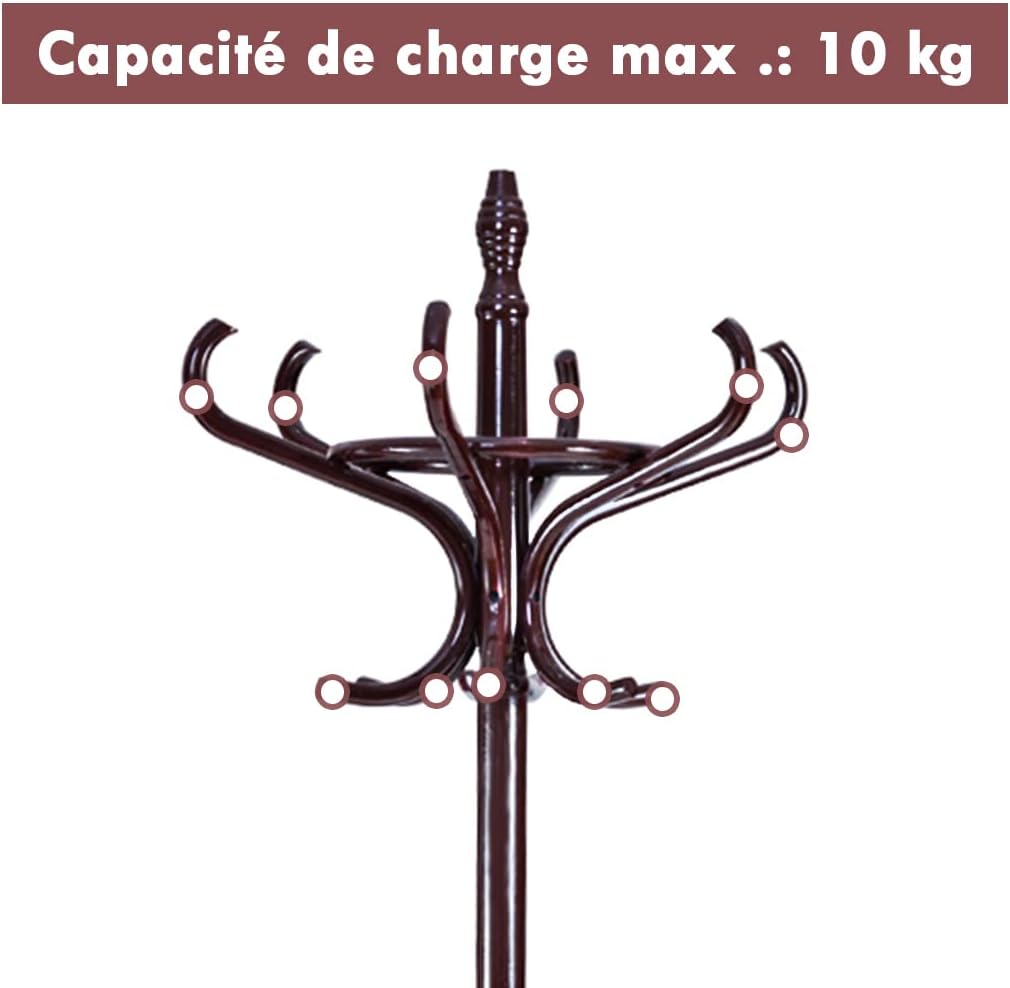 Porte Manteau sur Pieds avec 12 Crochets en Bois Massif, Base à 4 Pieds Stable, Portant à Vêtement pour Manteaux Chapeaux Parapluie, 51 x 51 x 184 CM - 8