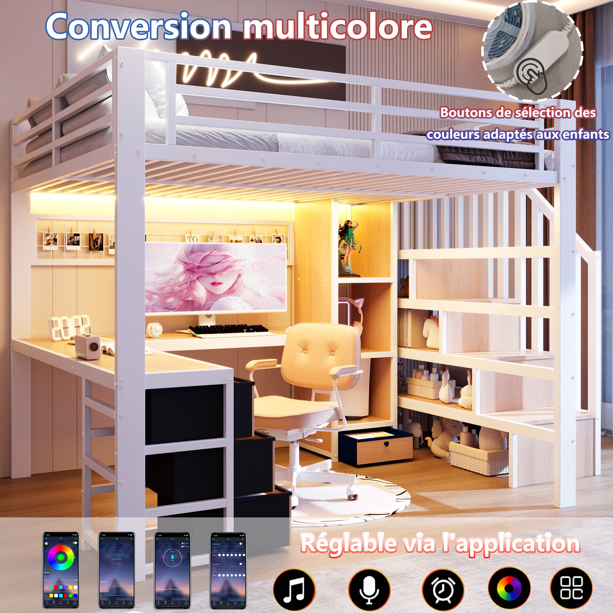Lit mezzanine 140 x 200 cm avec bureau intégré, Lit adulte structure en fer avec penderie LED, 4 tiroirs et escalier de rangement, sans matelas, Blanc - 2