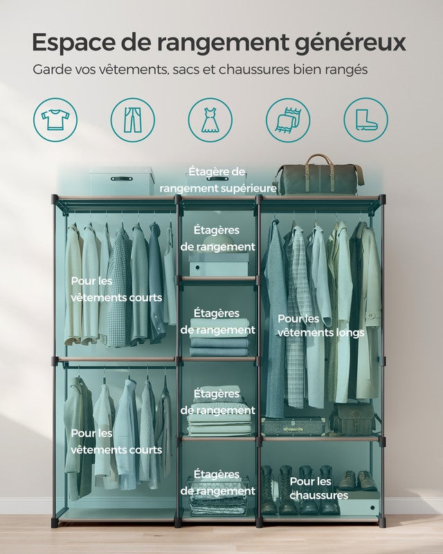 Armoire de Rangement, Penderie Pliable, avec Barres de Suspension, Porte-vêtements, 182 x 43 x 182 cm, Taupe - 3