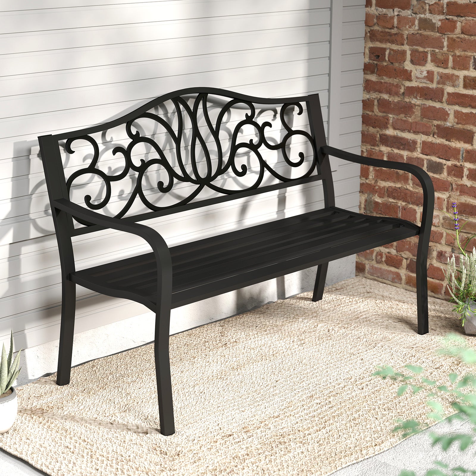 Banc de Jardin 127CM pour 2-3 Personnes, en Fonte avec Dossier à Motif Floral et Siège à Lattes, Banc de Patio avec Accoudoirs, Noir - 8