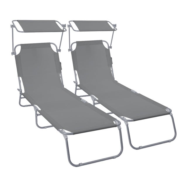 2x Tumbonas Plegables con Parasol Ajustable Tumbona Playa Reclinable Respaldo Regulable 4 Posiciones Tejido Poliéster Gris