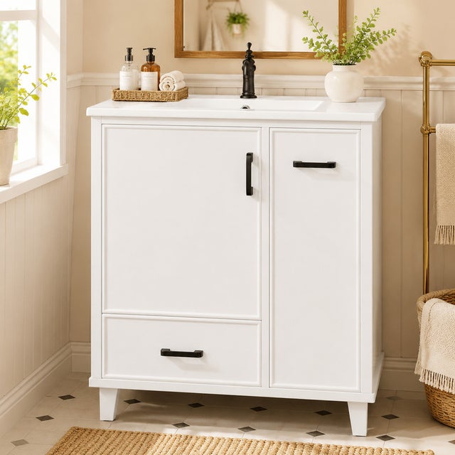 Meuble vasque sur 76,5x47x82cm, meuble de salle de bain sur, 2 tiroirs 1 porte, vasque céramique intégrée, rangement à l'intérieur de la porte, blanc