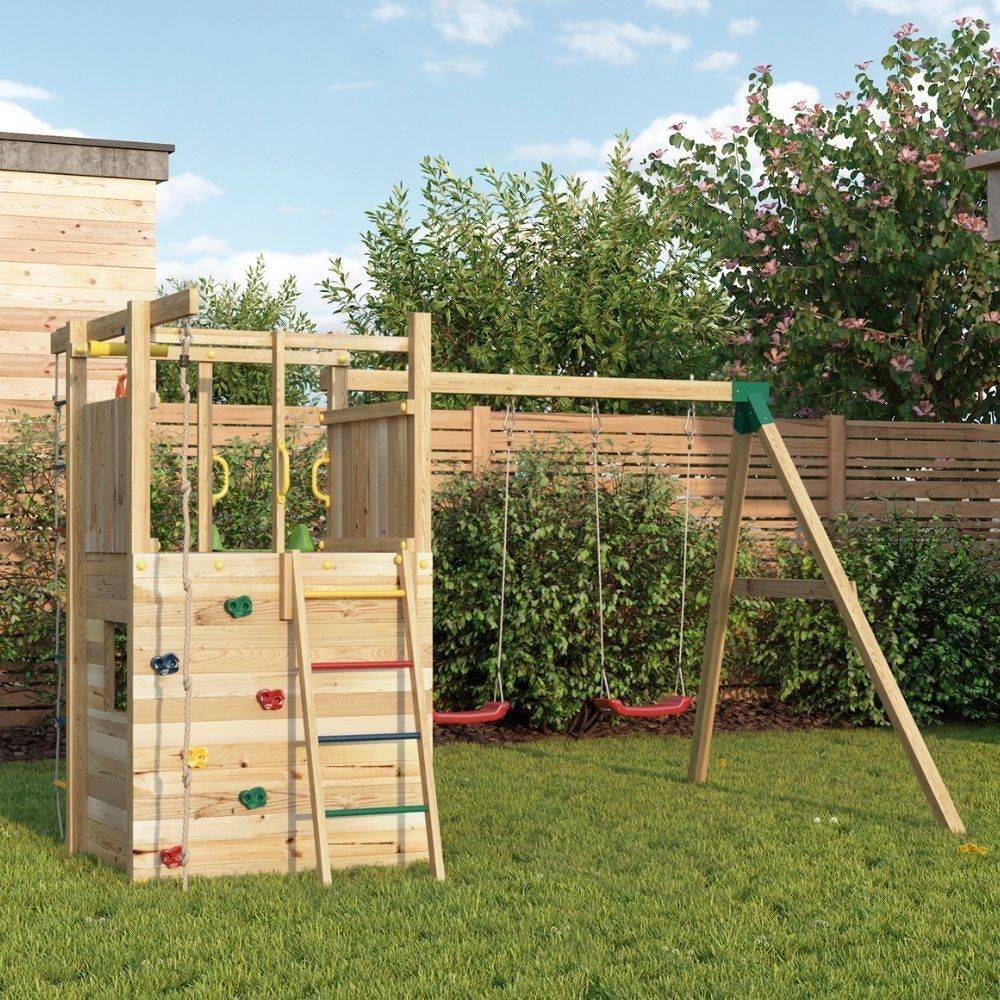 Casetta Parco Giochi In Legno Fungoo Mars – Scivolo 2,2m, 2 Altalene, Tavolo Picnic, Parete Arrampicata E Sabbiera