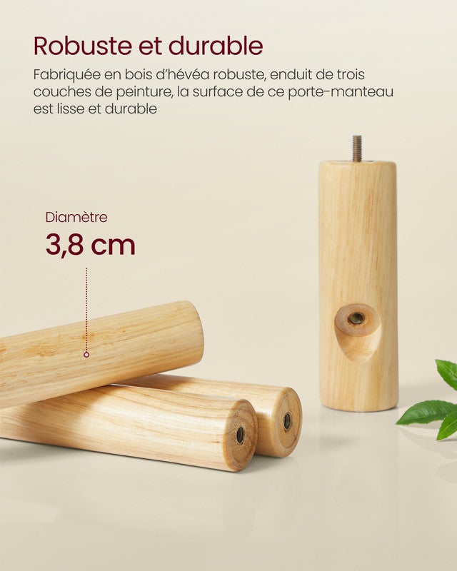 Portemanteau, Portant à Vêtements en Bois, 3 Hauteurs, pour Manteaux, Chapeaux, Sacs, pour Entrée, Couloir, Bois d'Hévéa, Beige Cappuccino - 3