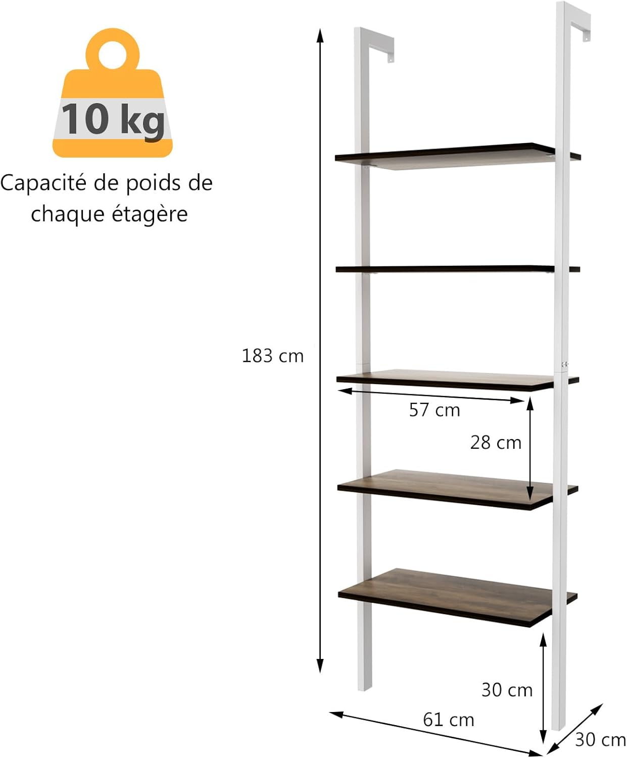 Libreria a 5 Piani a Parete con Struttura in Metallo, Porta libri con Struttura Portante in Metallo, 183 x 30 x 61cm (Bianco) - 3