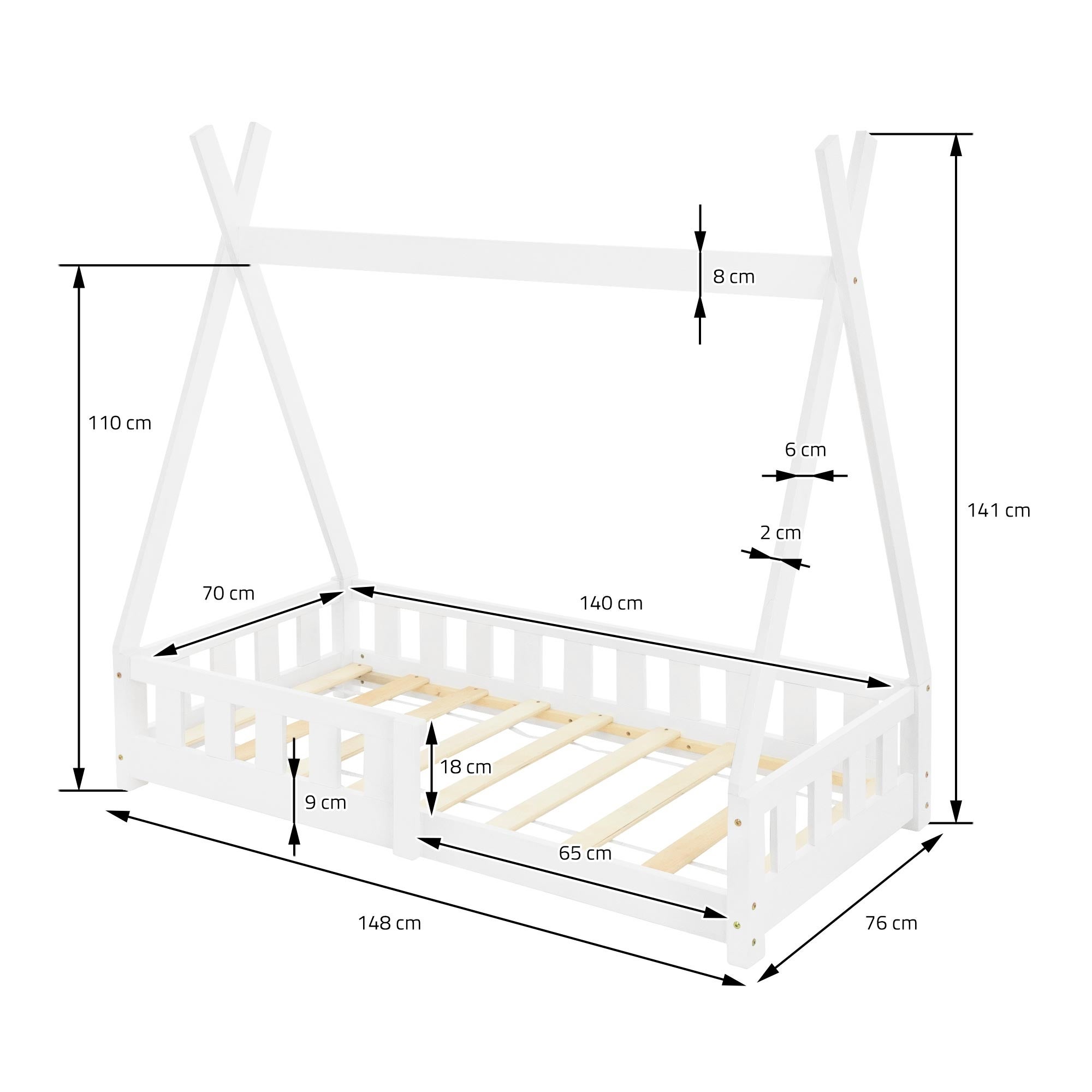Lit d'enfants Tipi 70x140 cm blanc style indien cadre bois de pin massif avec matelas hypoallergénique housse amovible respirant et sommier à lattes - 8