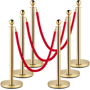 VEVOR Poteau de Guidage Dore 6PCs, Barriere de Balisage pour Controle de Foules avec Corde en Velours Rouge 1,5 m, pour Delimitation File deAttente en