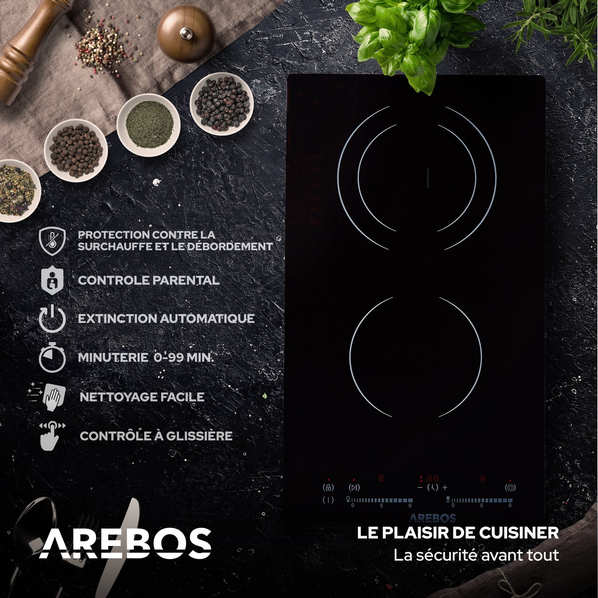 AREBOS Plaque de cuisson en vitrocéramique Table de cuisson électrique Contrôle Cuisinière 2 foyers - 3