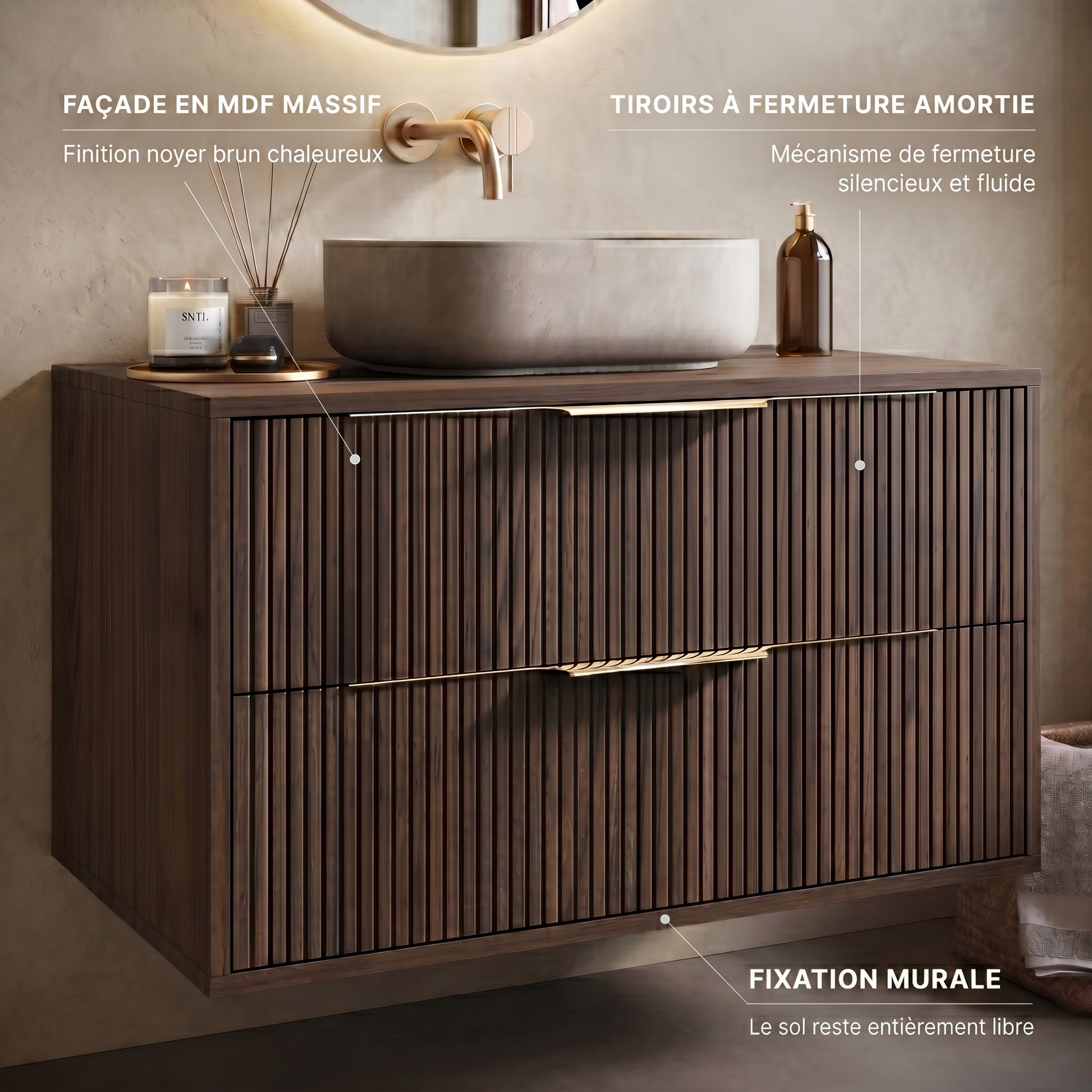 Meuble sous-vasque Rimini 80 cm - Noyer brun - Meuble de salle de bain avec tiroirs - 7